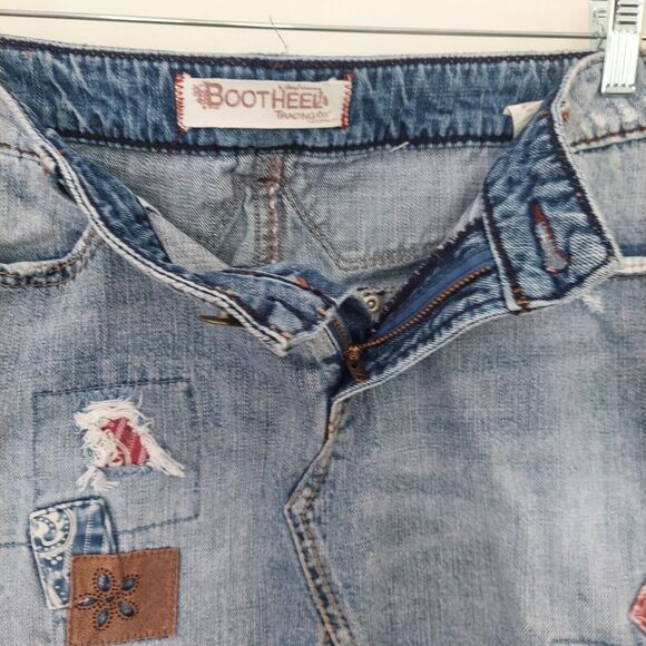 Bootheel Trading Co Jean Skirt Mini Size 12 Patch Distressed Embellished - Picture 5 of 11